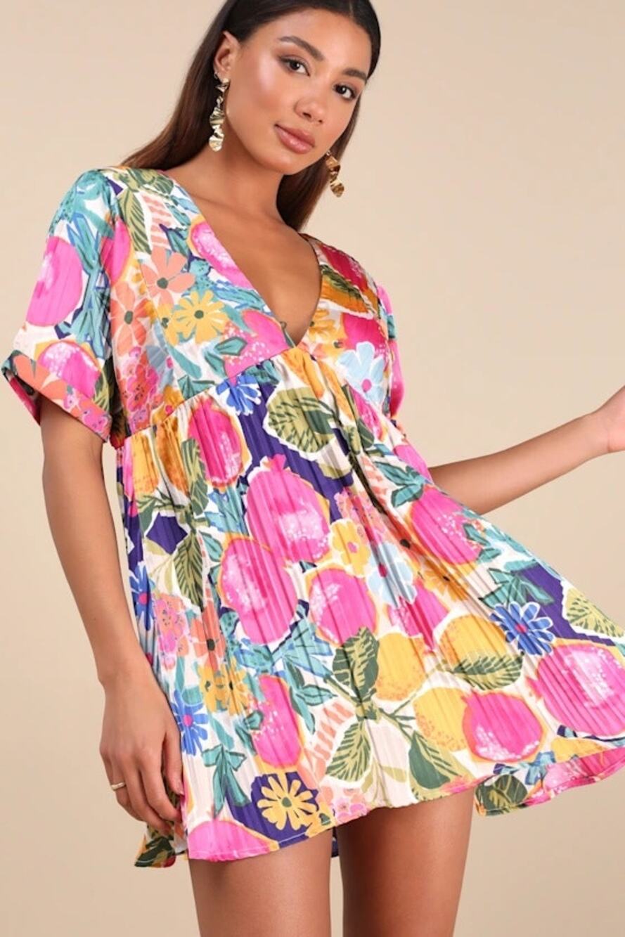 NWT Lulus Express Yourself Pink Multi Floral Print Satin Babydoll Dress L